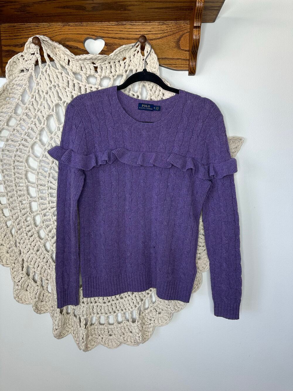 Polo Ralph Lauren Wool Cashmere Purple Cable Knit Ruffle Sweater Size Medium